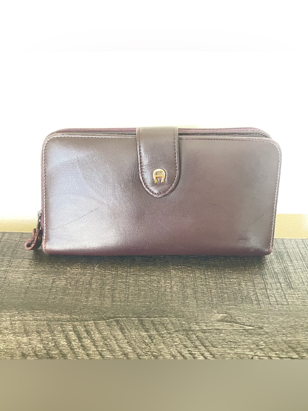 Etienne Aigner Burgundy Leather Zip Around Wallet